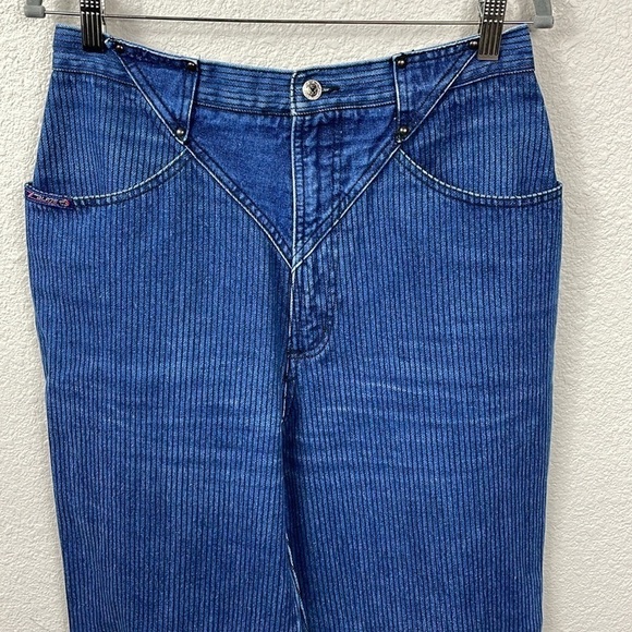 Vintage Blaze V Seam Mom Jean Stripe Blue Ultra High Rise Bareback - Picture 2 of 12